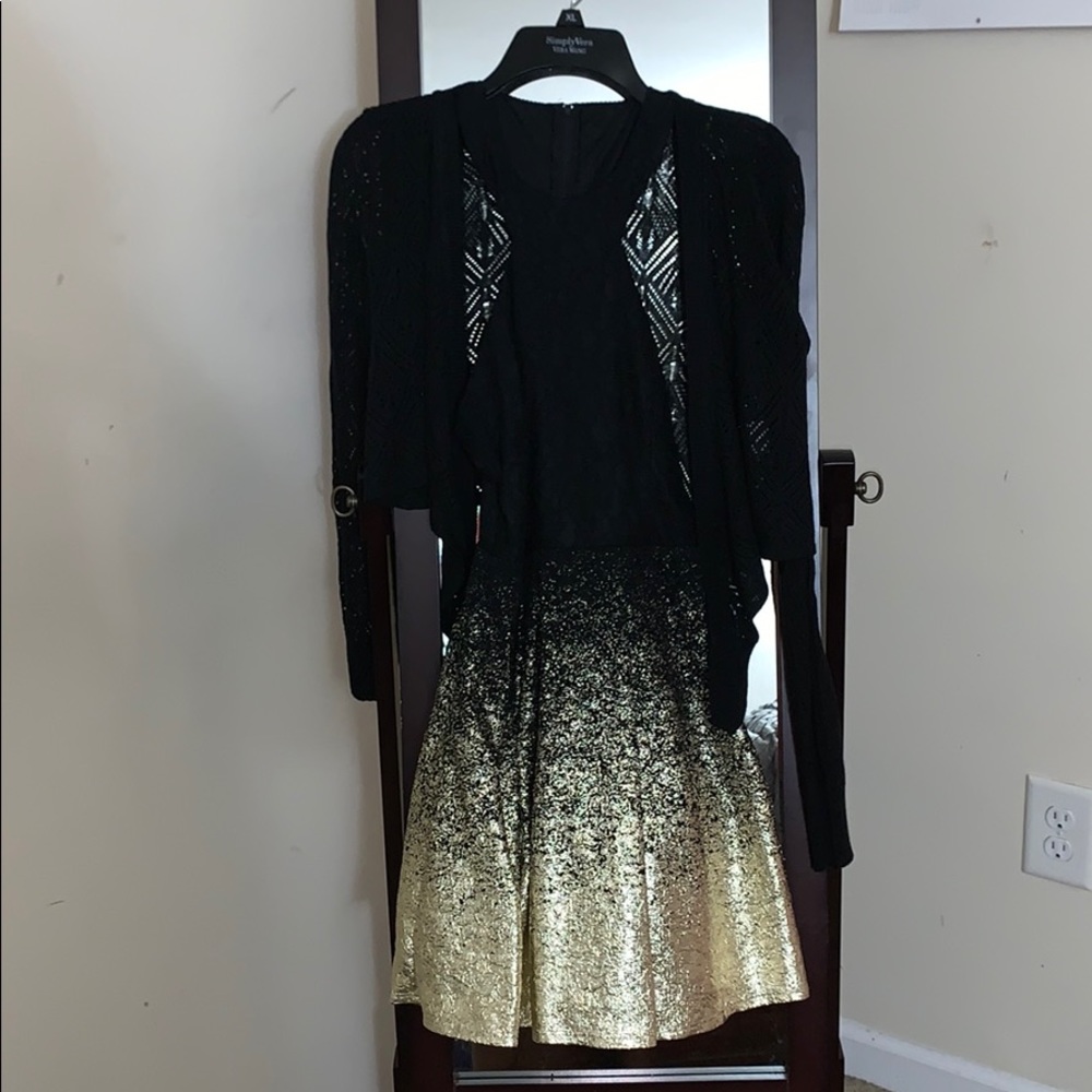 Black and gold dress with cardigan